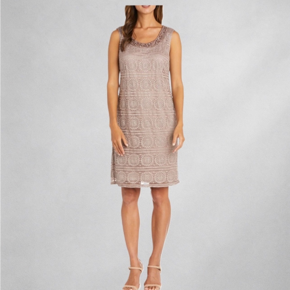 R&M Richards Champagne Beaded Lace Sheath Dress Size 12 Formal Party NWT